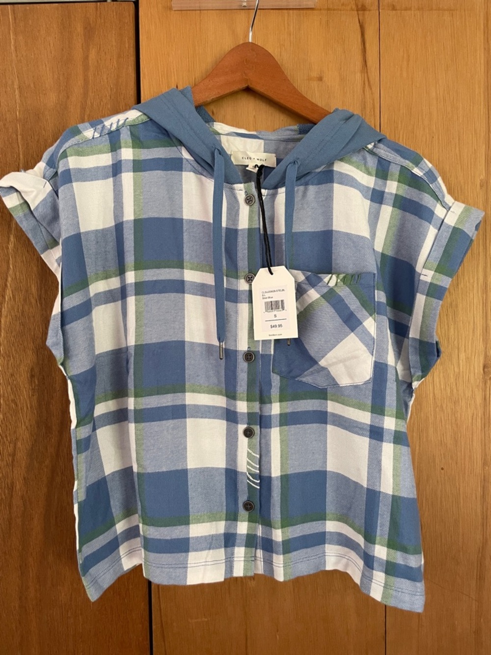 Blue Plaid Hooded Crop Button-Front Top